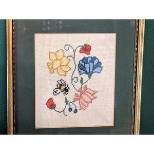 Vintage Needlepoint Flowers and Bumblebee - Framed with glass